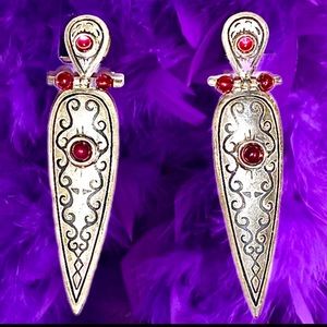 Edgy Garnet & Sterling Silver Shield Earrings